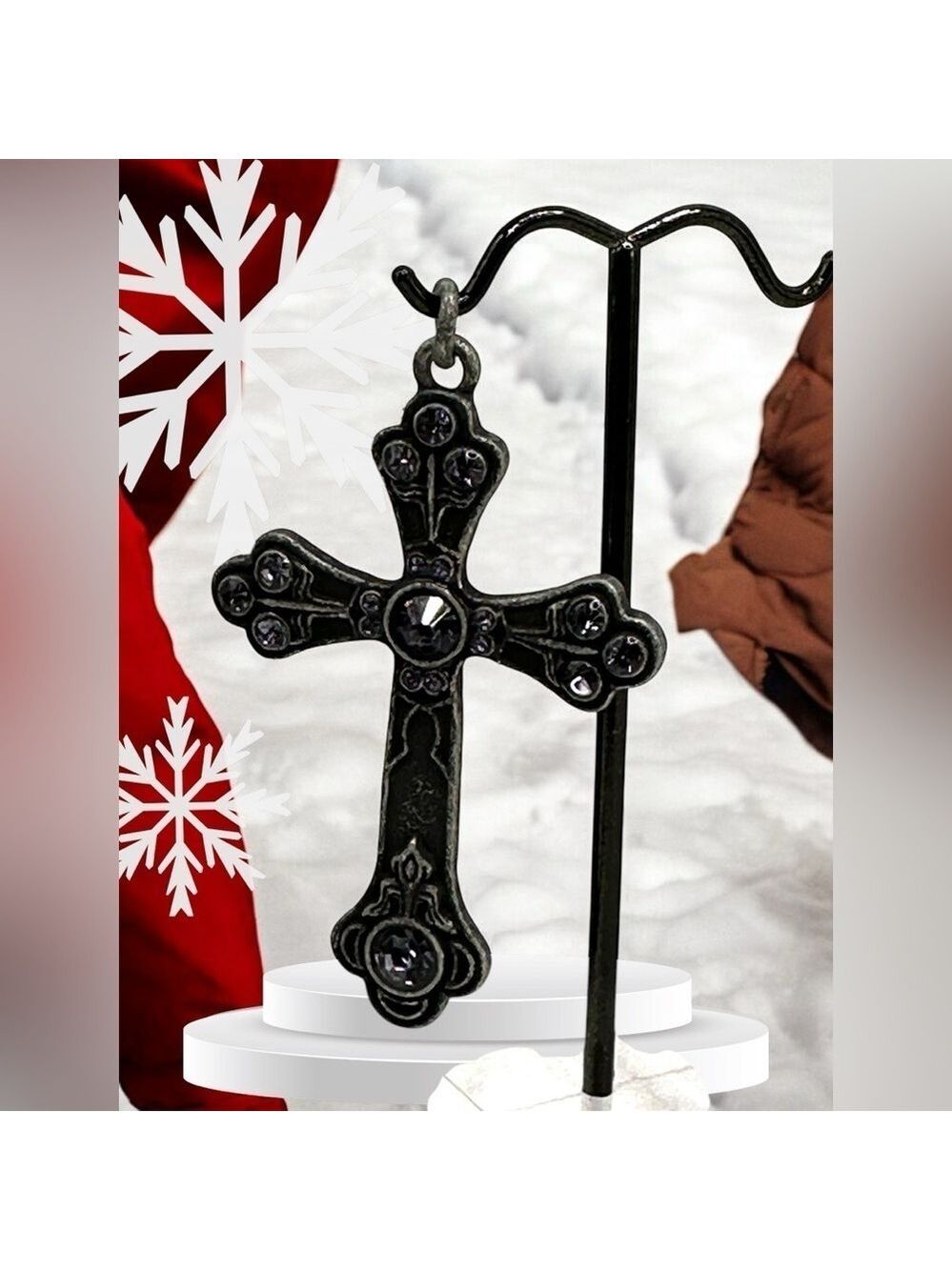 Rustic Renaissance Style Metal Cross Pendant With Dark Stone - Costume Jewelry